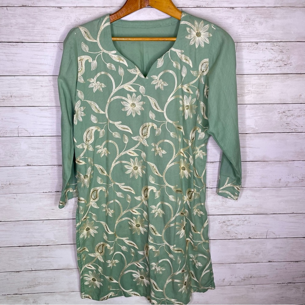 Sage Green Embroidered Kurti Tunic - Picture 2 of 4